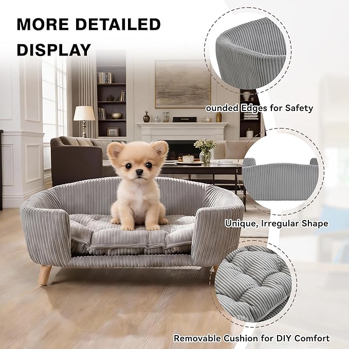 Dog Sofa Couch Bed for Small Dogs, Durable Corduroy Rectangle Pet Sofa with Soft Cushion, Modern Elegant Elevated Mini Dog Couch Bed with Backrest and Armrests, Gray