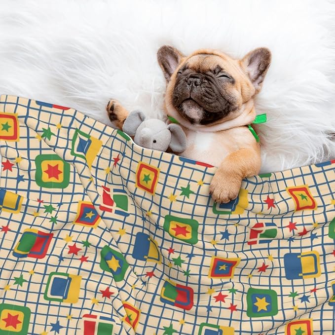 Reversible Pet Blanket for Easy Cleaning Maintenance, Abstract Mid Century Modern Grid, Double Sided Plush Dot Design Means Double Use Between Washes for Convenience