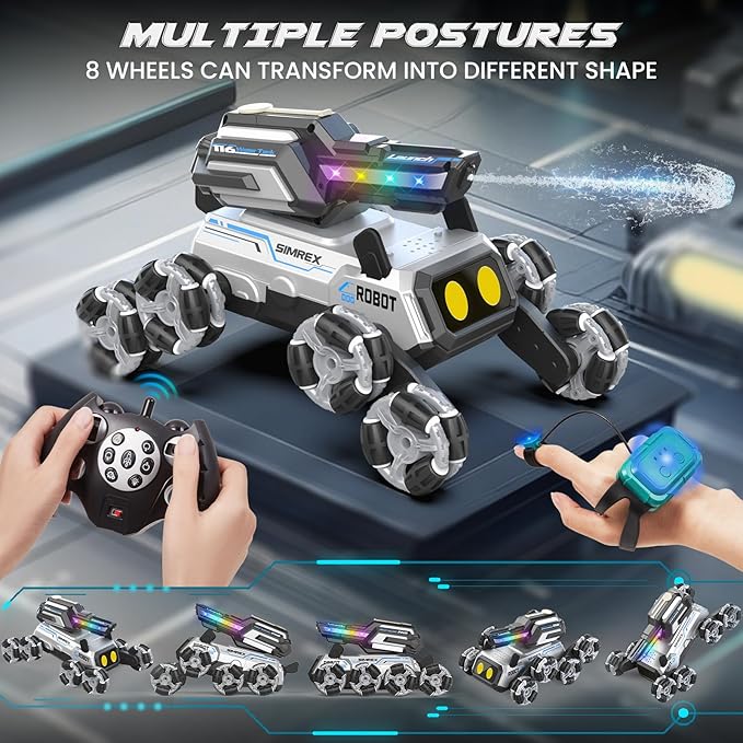 Robot Dog RC Stunt Car Toys - Gesture Sensing Remote Control car with Mecanum Wheels, LED Eyes, 3 Sound Effects,Water-Shooting Turret & RGB Lights,Birthday Gift for Kids Boys Girls