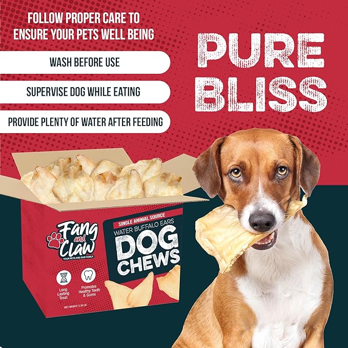 Fang & Claw 100 Count Water Buffalo Ears for Dogs – 100% Natural, Single-Ingredient, Long-Lasting Rawhide Alternative, Grain-Free