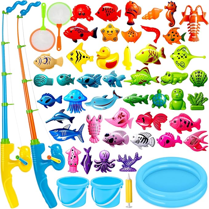 CozyBomB™ Magnetic Fishing Toys Game Set for Kids | Water Table Bathtub Kiddie Pool Party & Pole Rod Net, Plastic Floating Fish Toddler Color Ocean Sea Animals Birthday Age 3 4 5 6 Year