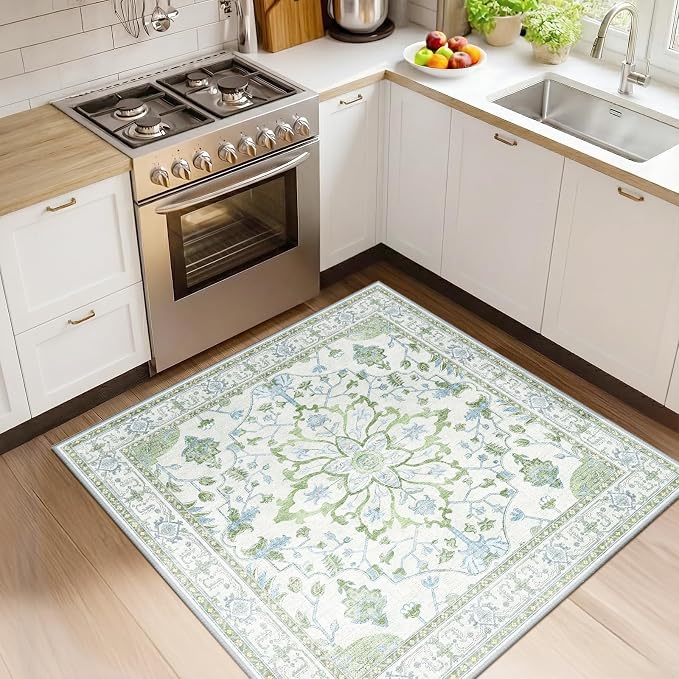 RELEANY Area Rugs Square 4ft Washable Non-Slip, Floral Vintage Distress
