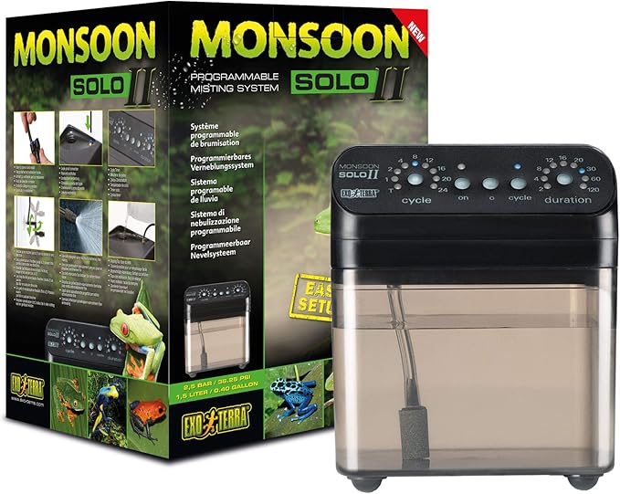 Exo Terra Monsoon Solo II - Programmable Misting System for Reptile Terrariums, Ultimate Humidifier with Multiple Nozzles for Optimal Humidity Control
