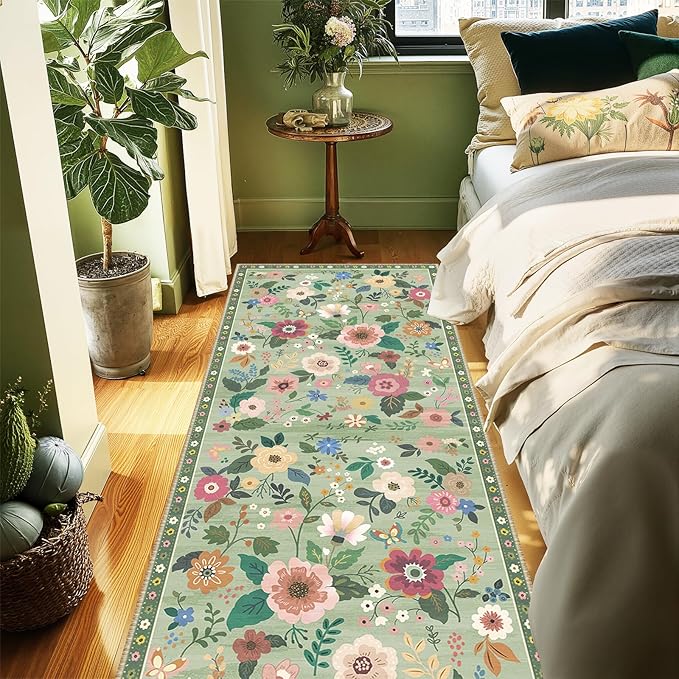 Floral 2x10 Area Rug Machine Washable Soft Print Boho Carpet Non Slip Doormat Low Pile Flower Area Rugs for Living Room Bedroom Nursery Kitchen Dining Room Indoor-Light Green