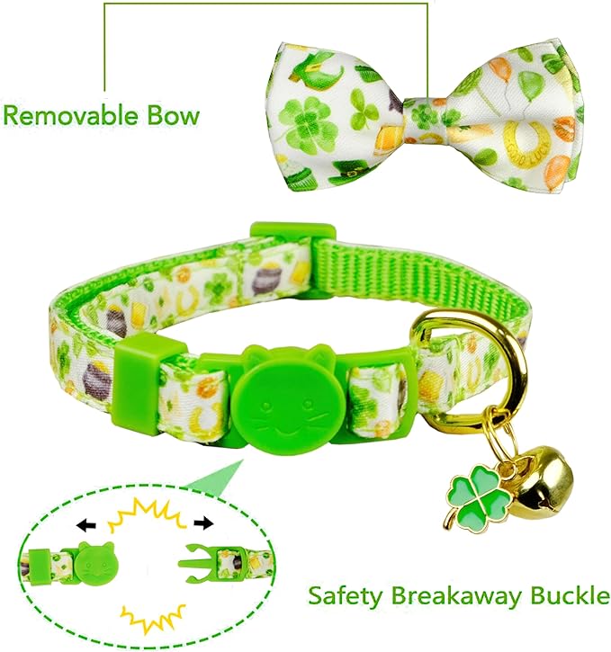 St. Patrick's Day Cat Bowtie - Green Clover Pattern with Festive Holiday Charms for Cats & Small Pets, Adjustable Pet Collar with Rainbow and Lucky Bell