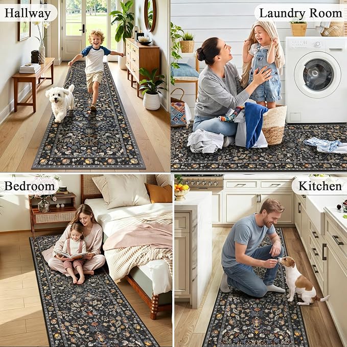 HEBE Washable Hallway Runner Rug 2'x 6' Non Slip Kitchen Rugs Runner, Low Pile