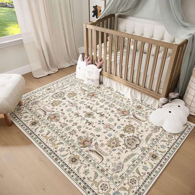Washable 5x7 Area Rugs for Living Room, Boho Non-Slip Silicone Backing Rugs for Bedroom Dining Room Nursery Office, 0.3" Neutral Oriental Throw Carpet with 0.16" Cushioning Pad, Light Beige/Multi