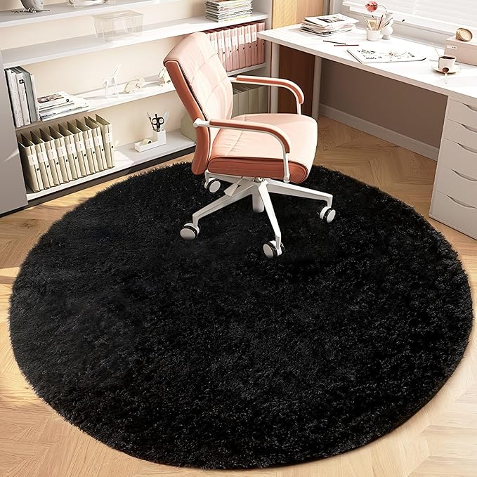 4FT Round Rug for Bedroom: Fluffy Shag Soft Washable Rugs Circle Small Fuzzy Plush Indoor Carpet for Living Room Nursery Playroom Dorm Kids Girls Boys Room (Black, 4'x4')