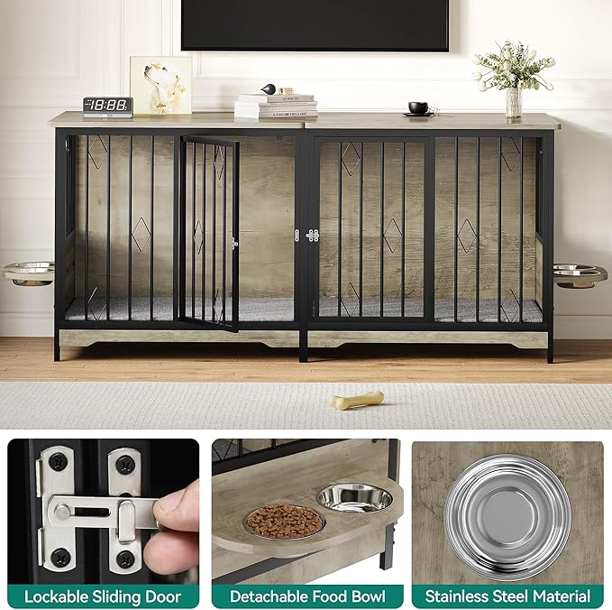 YITAHOME 71" Double Dog Crate Furniture with Divider, Wooden Large Dog Kennel with Flip-Top&4 Rotatable Bowls&2 Cushions, Dog Crate Furniture TV Stand for Medium Large Dogs, Grey