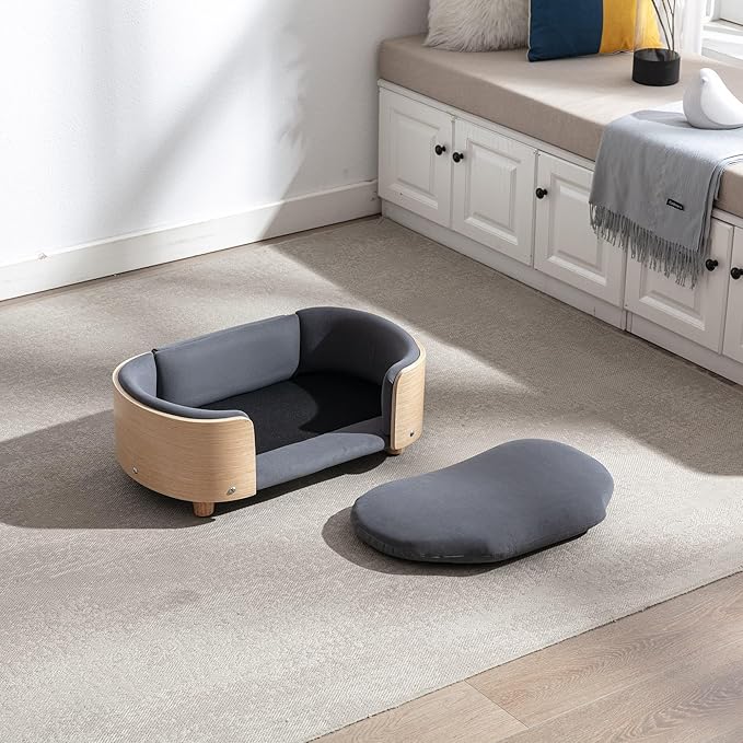 Scandinavian Style Elevated Dog Bed Pet Sofa with Solid Wood Legs and Bent Wood Back, Velvet Cushion, Small Size, Natural Frame & Dark Grey Cushion