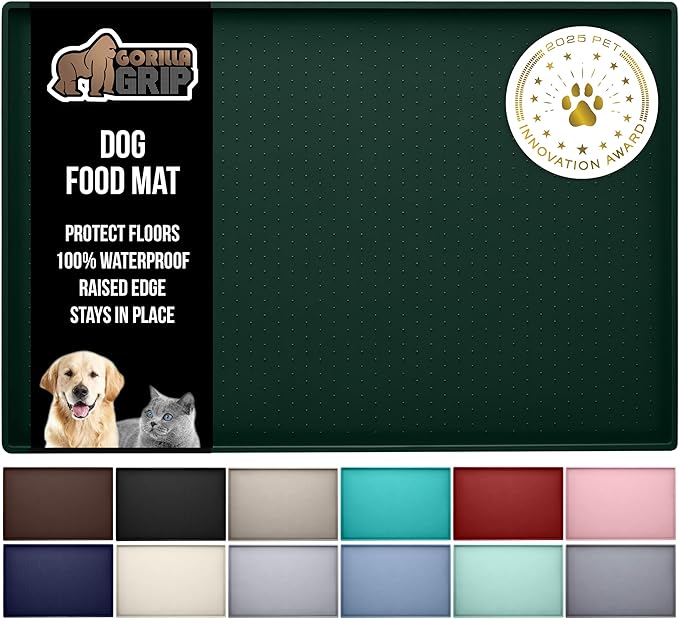 GORILLA GRIP 100% Waterproof Raised Edge BPA Free Silicone Pet Feeding Mat, Dog Cat Food Mats Contain Spills Protects Floors, Placemats for Cats and Dogs Water Bowl, Pets Accessories 23x15 Green