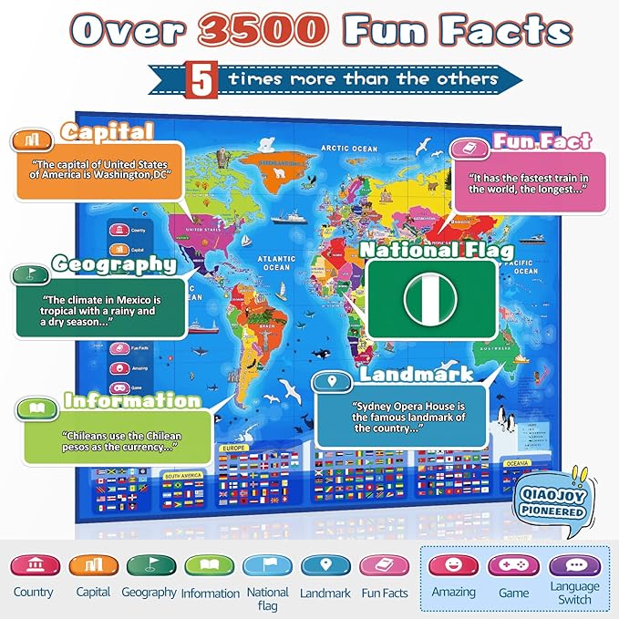Bilingual Interactive Kids Talking World Map & Dinosaur Poster for Kids Learning and Educational Toys, Talking Educational Toys for 3 to 12 Years Old Girls/Boys, Preschool Learning Chart