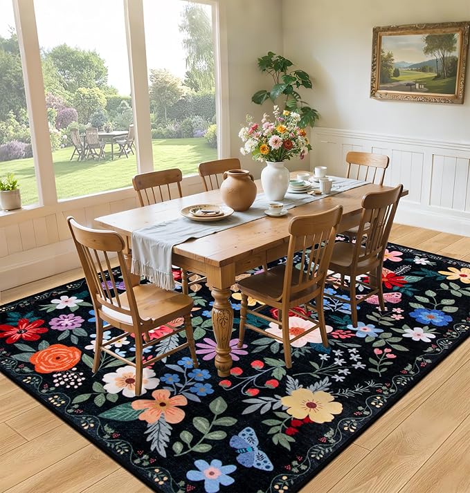 8x10 Area Rugs for Living Room: Washable Rug Vintage Large Soft Boho Floral Non-Slip Carpet Indoor Floor Stain Resistant Thin Carpets for Bedroom Dining Room Farmhouse Nursery Home Office Black