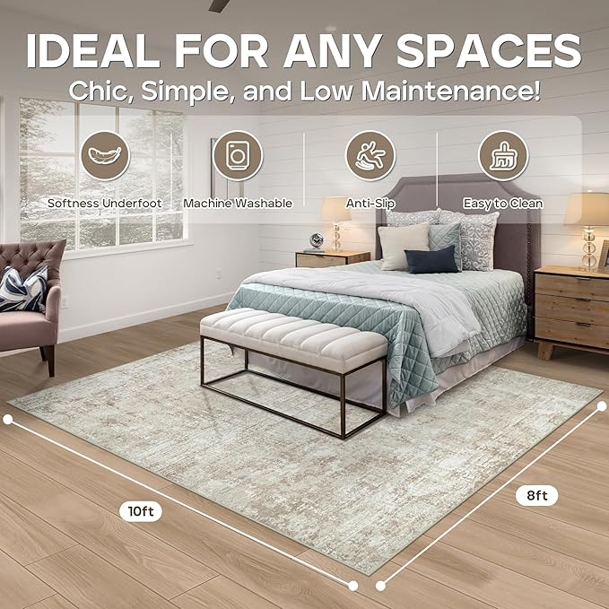 8x10 Area Rugs for Living Room Rug Washable: Modern Large Rug for Dining Room Bedroom Carpet Non Slip 8 by 10 Indoor Abstract Nursery Home Office Beige