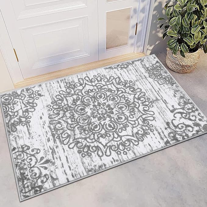HEBE Indoor Door Mat 2'x3', Washable Distressed Boho Small Area Rug, Non Slip