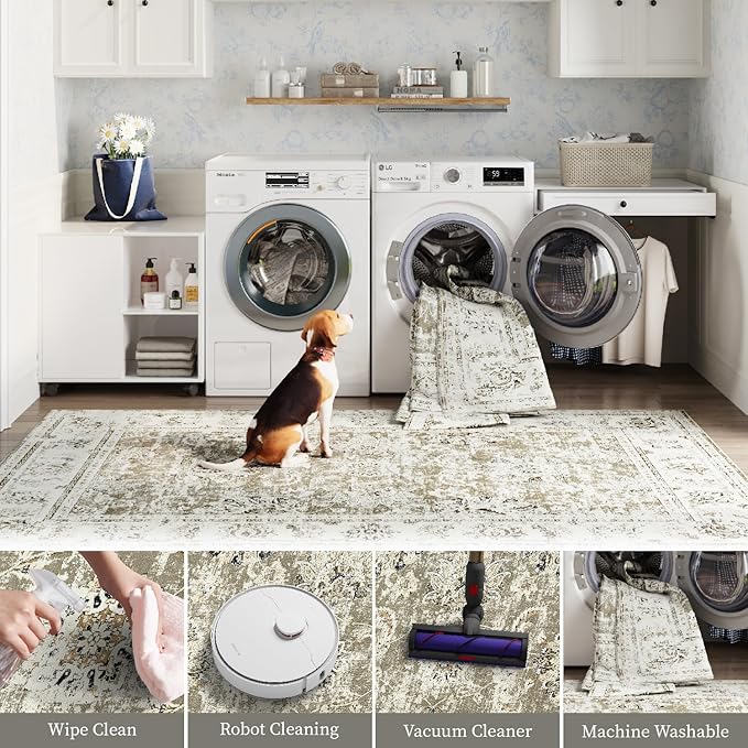 jinchan Hallway Runner Rug 3x8 Washable Runner - Vintage Floral Non Slip Low-Pile Soft Thin Faux Wool Kitchen Rug Distressed Carpet for Farmhouse Bedroom Laundry Room(3x8ft,Taupe)
