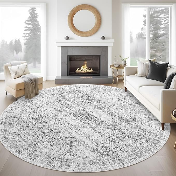 Soalmost 6x6 Grey Round Rug 6ft Living Room Circle Rug Gray Vintage Round Area
