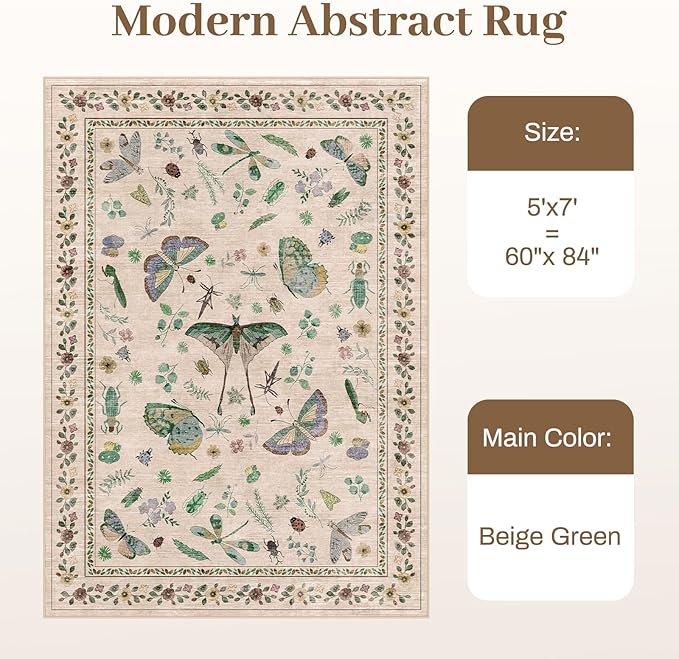 5x7 Washable Area Rug with Insect Print - Bug Rug Non-Shedding Stain Resistant Soft Carpet for Bedroom, Low Pile Ultra-Thin Machine Washable Carpet for Dining Room, Kids Nursery, Office (5'x7' Beige)