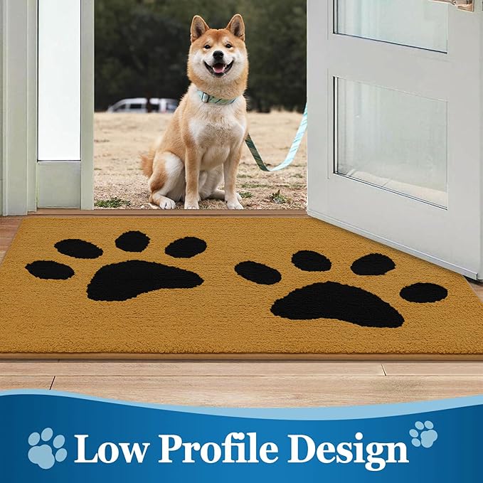 Buganda Dog Door Mat for Muddy Paws, Absorbent Dirt Trapper Washable Indoor Doormats, Non Slip Low-Profile Mud Mat for Dogs, Front Entrance Doormat for Inside Floor (36x24 Inches, Yellow and Black)