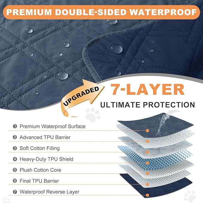 100% Waterproof Dog Couch Protector, Triple-Layer Waterproof Dog Bed Cover Pet Blanket Reversible 2-Tone Sofa Shield, Non-Slip Furniture Guard for Pets(68×82 Inch, Blue+Navy Blue)