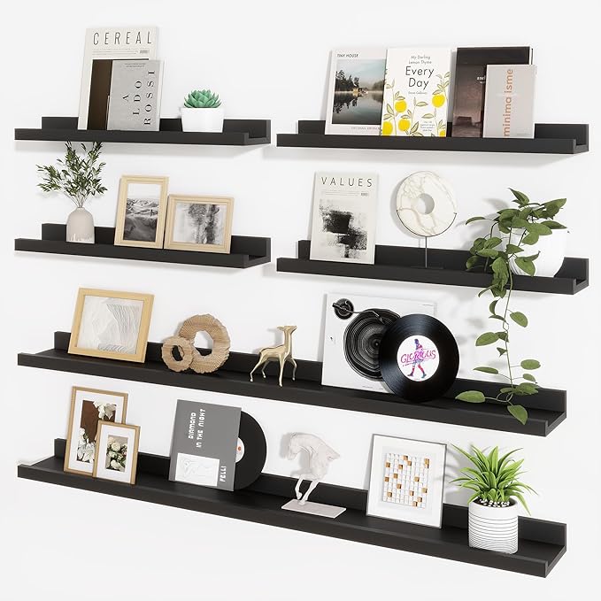 Axeman Picture Ledge Shelf, Floating Shelves for Wall Decor Storage Set of 6, 48 inch Floating Wall Mounted Shelves, Wall Shelves with Lip for Living Room, Bedroom, Nursery, Bathroom, Kitchen, Black
