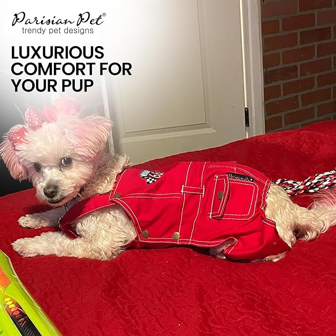 Parisian Pet Denim Overall - Embroidered “ Route 66 “ Red Dog Jumpsuit - Breathable Dog Costume - Machine Washable Dog Outfit - Dog Overalls for Small Dogs - S
