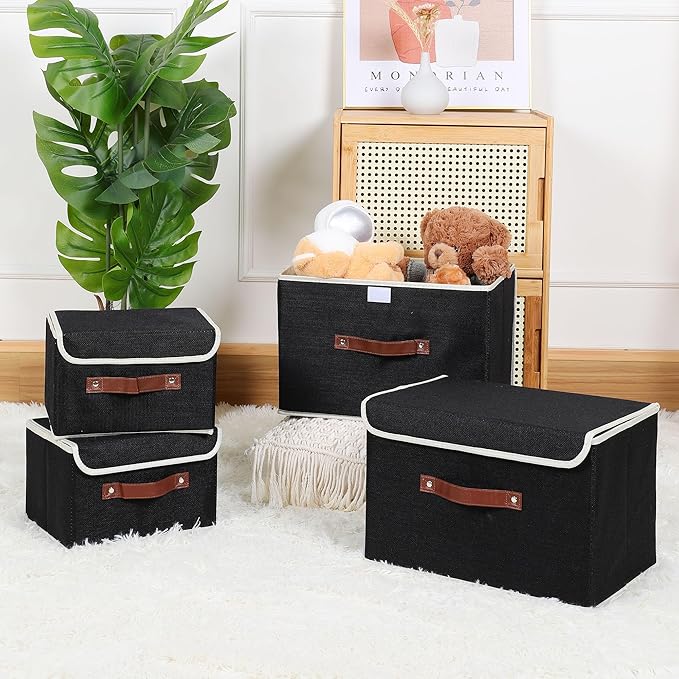 ANMINY Storage Bin with Lid Storage Boxes with PU Leather Handles PP Plastic Board Decorative Foldable Lidded Cotton Linen Fabric Home Cubes Baskets Closet Organizer Container - Black, Large Size