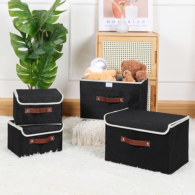ANMINY 4PCS Storage Bins with Lid PU Leather Handles Storage Boxes PP Plastic Board Decorative Foldable Lidded Cotton Linen Fabric Home Cubes Baskets Closet Organizer Containers - Black, Large Size