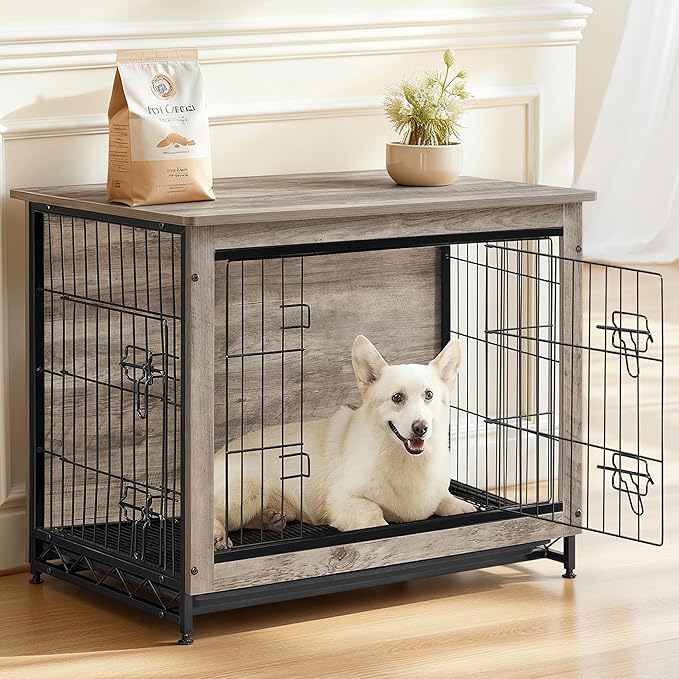 Feandrea 32.5" Dog Crate Furniture, Indoor Dog Cage Side End Table, L Pet Wood Kennel for Large and Medium Dogs up to 45 lb with Multi-Purpose Removable Tray, Double-Door Pet House, Greige