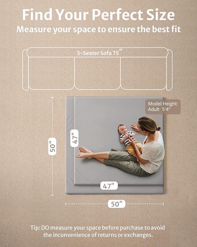 Blissful Diary Vegan Leather Baby Play Mat, 50x50 Thicken Foam Cushioned & Waterproof Playpen Mat for Infants and Toddlers, Stylish and Just Wipe-Clean Playmat for Baby Play on Floor, Light Gray