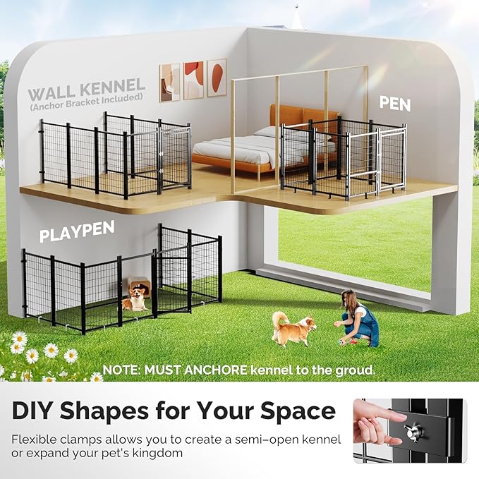 Sino Luban Outdoor Dog Kennel Outside Run with Doggy Door&Waterproof Roof - 4x4x4.6FT Large Dog Kennels Pens Outside for Small/Medium Dogs - Heavy Duty Cage Yard (Can Connect to Your Dog House)