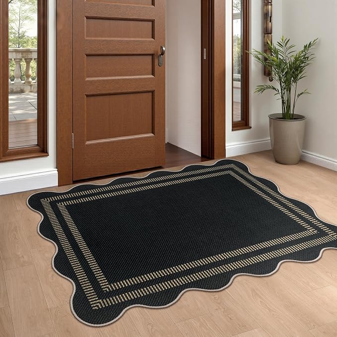 Scalloped Easy Jute Black Rug, 2.6x4 Front Door Washable Door Mat Non Slip