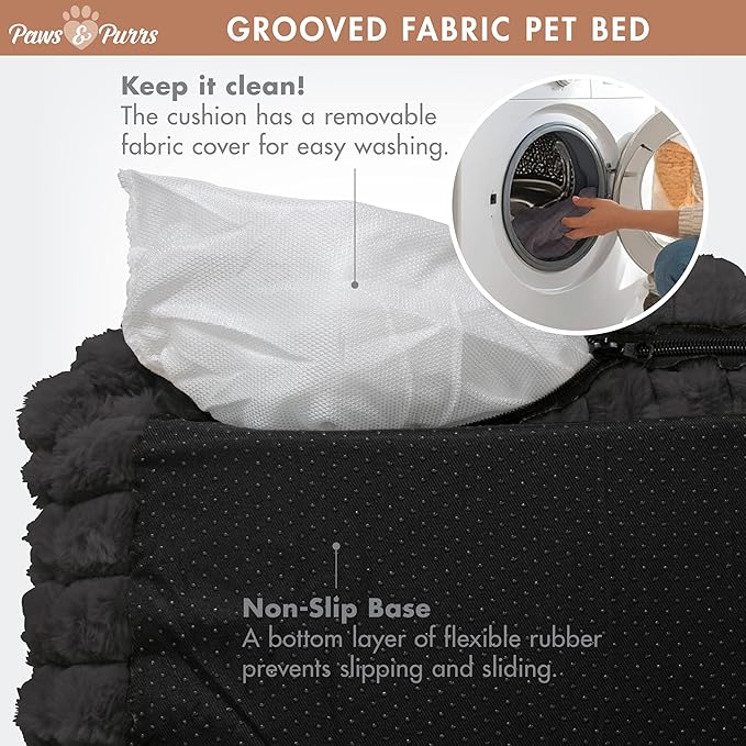 Grooved Pet Bed for Small to Medium Dogs or Cats, Soft Ribbed Corduroy-Style Polyester Fabric, Supportive Bolsters, Removable Cover, Non-Slip Base, Sofa Pet Lounger with Mini Play Cushion, Dark Gray