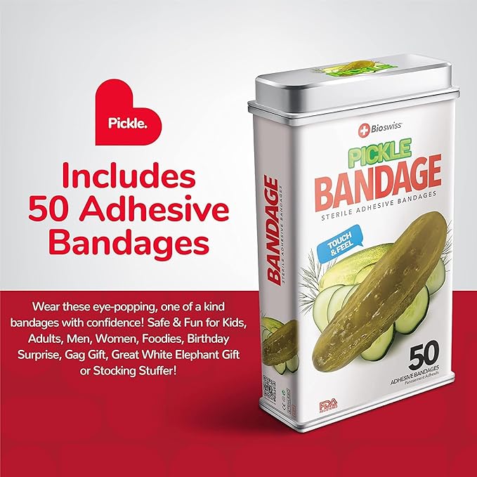 BioSwiss Bandages, Pickle Shaped Self Adhesive Bandage, Latex Free Sterile Wound Care, Fun First Aid Kit Supplies for Kids, 50 Count
