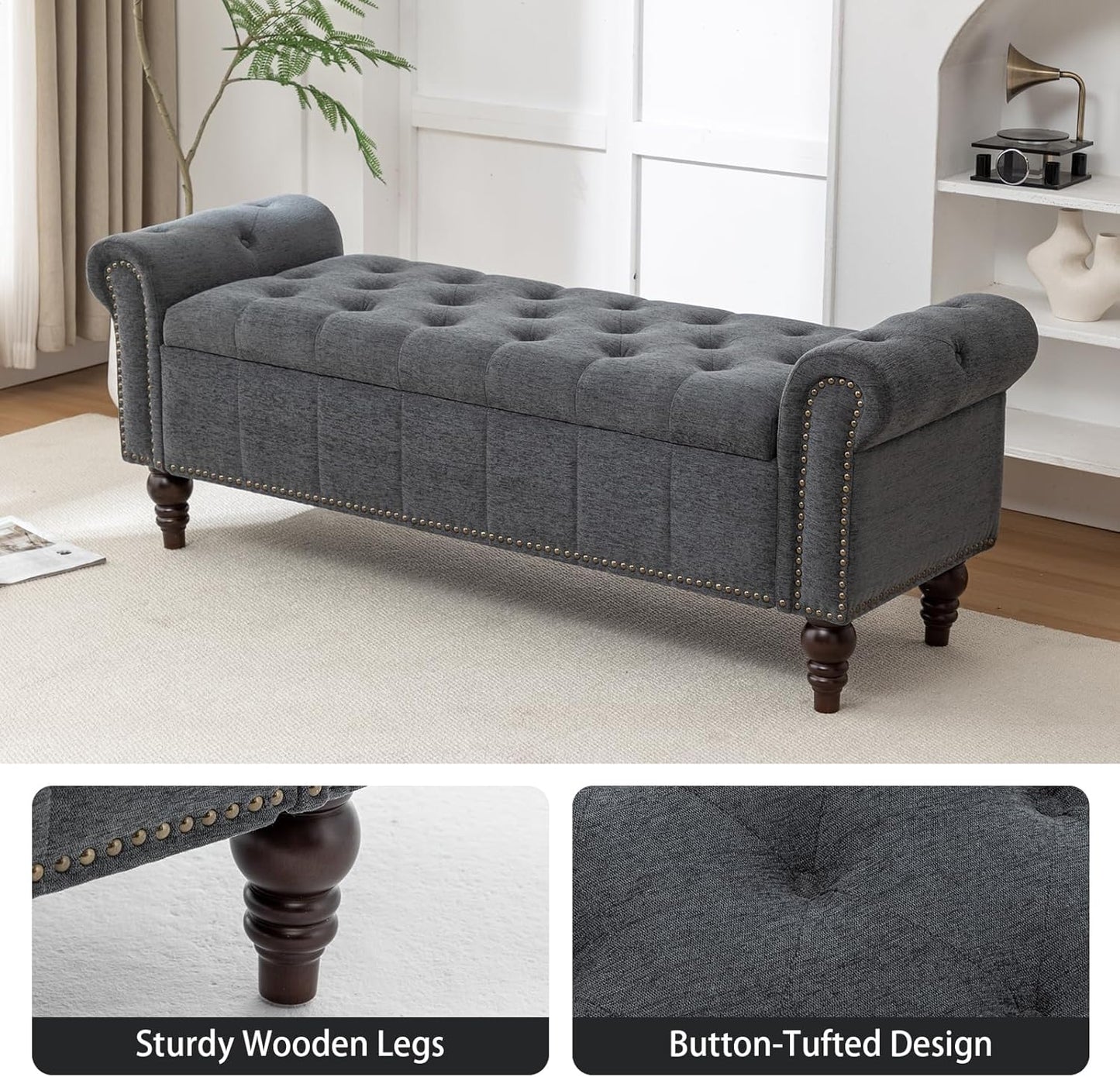 58’’ Storage Bench for Bedroom, Upholstered Button-Tufted Ottoman with Solid Wood Legs, Large End of Bed Shoe Cabinet, Window Seat Foot Rest Stool for Entryway, Closet, and Living Room (Dimgray)