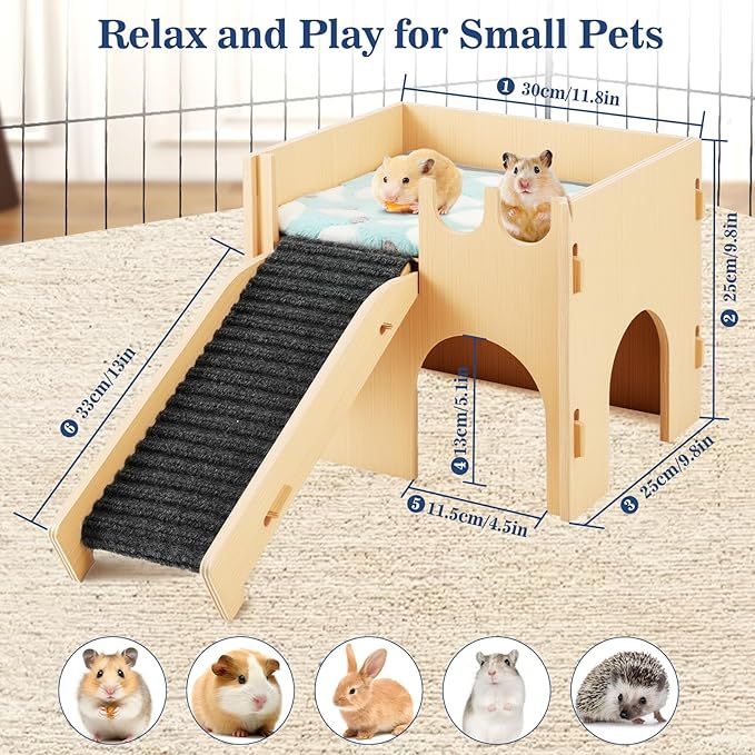 Pawaboo Guinea Pig and Hamster House, 2-in-1 Guinea Pig Hideout with Stairs and Cushion, Sturdy Wooden Hamster Castle Easy to Assemble, Detachable Small Animal House Bed Hut Habitats with Ramps