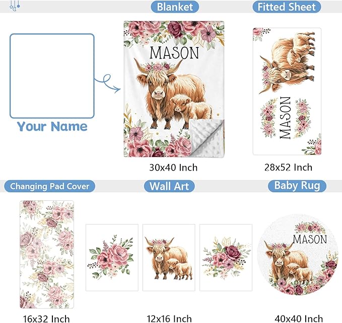 Personalized Baby Bedding Set, 5 Pcs Custom Baby Crib Set with Name, Soft Flannel Highland Cow Crib Bedding Set for Girls, Double Layer Nursery Bedding Set, New Parents Toddlers Infants Gift