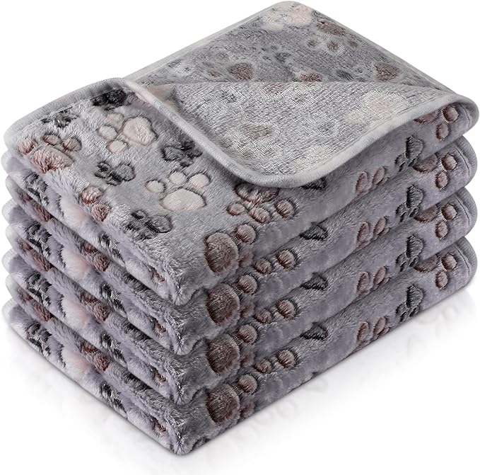 Tatuo 4 Pcs Dog Blanket for Pet Cat Blankets Indoor Puppy Teething Stuff Toys Paw Print Fleece Soft Blanket Sleep Mat for Guinea Pig Cage(Gray,Small(24 x 16 Inch),Square)