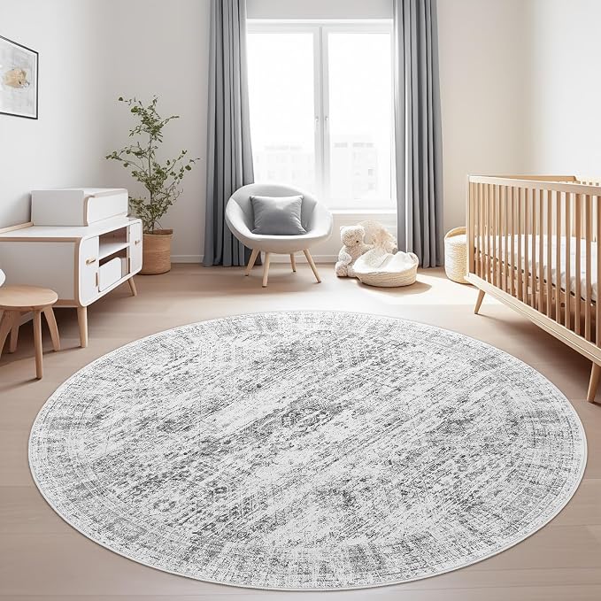 Soalmost 6x6 Grey Round Rug 6ft Living Room Circle Rug Gray Vintage Round Area