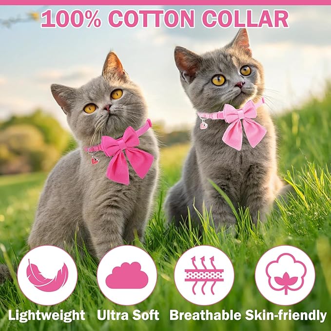 Cat Collar Breakaway with Bells, Soft Pure Cotton Pink Cat Bowtie Collar for Girl Cats, Small Cats Collar with Bow for Spring Summer, 2 Pack Cute Kitten Collars with Removable Bowtie 8-12Inch