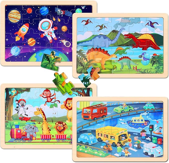 Wooden Educational Jigsaw Puzzles for Preschool Kids Ages 3-5, 4-Pack with 20 Pieces Dinosaur, Space, Transportation Wood Puzzles Set, Toddler Brain Teaser Toys, Gifts for Boys Girls Ages 3 4 5 6