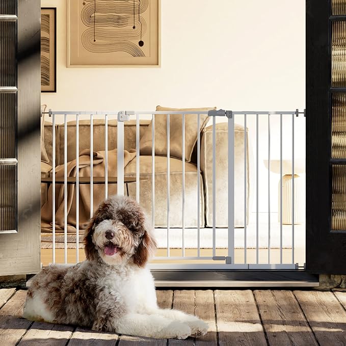 InnoTruth 29.5–49.75" Extra Wide Baby Gate for Stairs, 30" Tall Walk Through Dog Gate for Stairs & Doorways, Pressure-Mounted Safety Gate for Pets & Kids, Dual Lock & 2-Way Swing, White