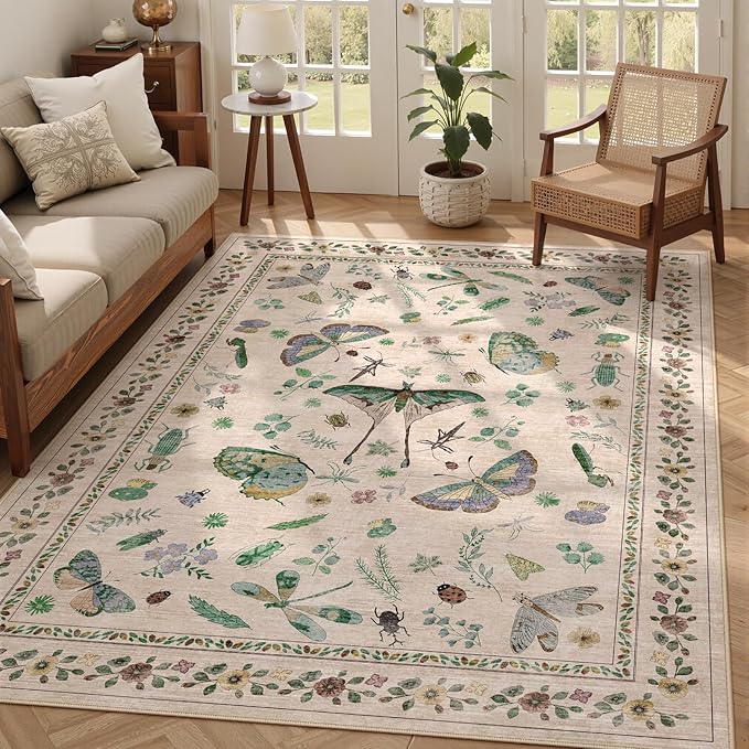 6x9 Rugs for Living Room with Insect Print - Bug Rug Non-Silp Stain Resistant Soft Carpet for Bedroom, Low Pile Ultra-Thin Machine Washable Carpet for Dining Room, Kids Nursery, Office (6'x9' Beige)