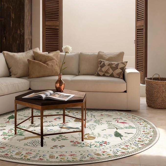 Washable Round Rugs for Bedroom 4ft: Living Room Rug Stain Resistant Non Slip