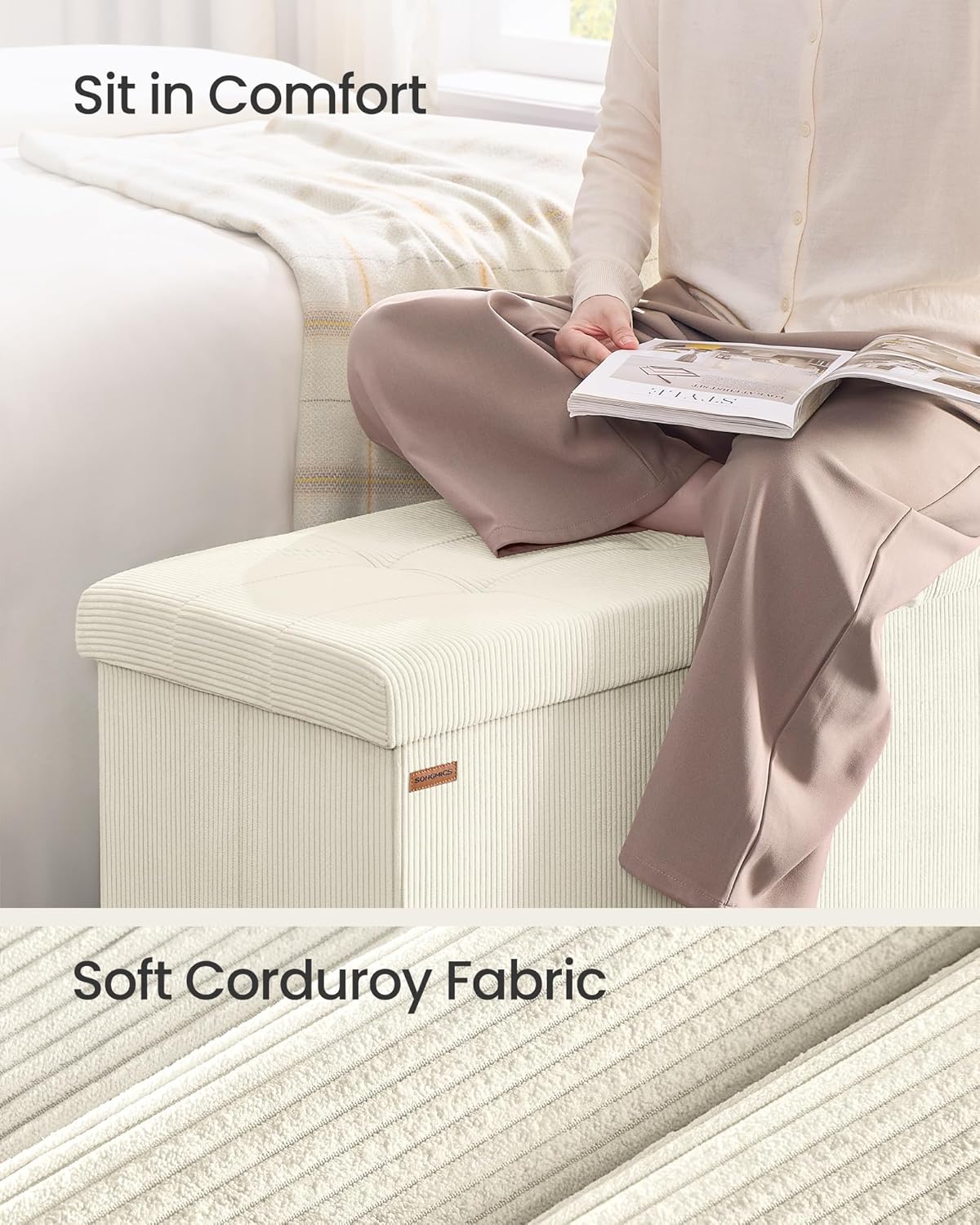 SONGMICS MAZIE Collection - Storage Ottoman Bench, Foldable Foot Rest, 15 x 43 x 15 Inches, End of Bed Bench, Storage Chest, Load 660 lb, Living Room, Bedroom, Entryway, Cream White ULSF604W01