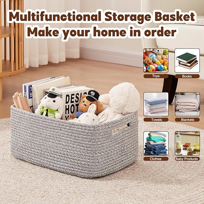 OIAHOMY Storage Basket for Shelves, Closet Cube Storage Bins Baskets for Clothes Blanket Towels, Baby Nursery, Toy Baskets Box, Woven Rope Basket, 15.75*11.81*7.09 IN, 2 Packs Grey