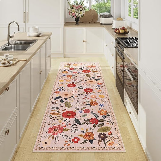 Rug Runners 2x6, Floral Washable Kitchen Rugs for Hallways Area Rugs, Non Slip Long Rug Low Pile Doormat Flower Carpet for Kitchen, Entryway Indoor, Bedroom, Bathroom, Laundry, Pink/Beige