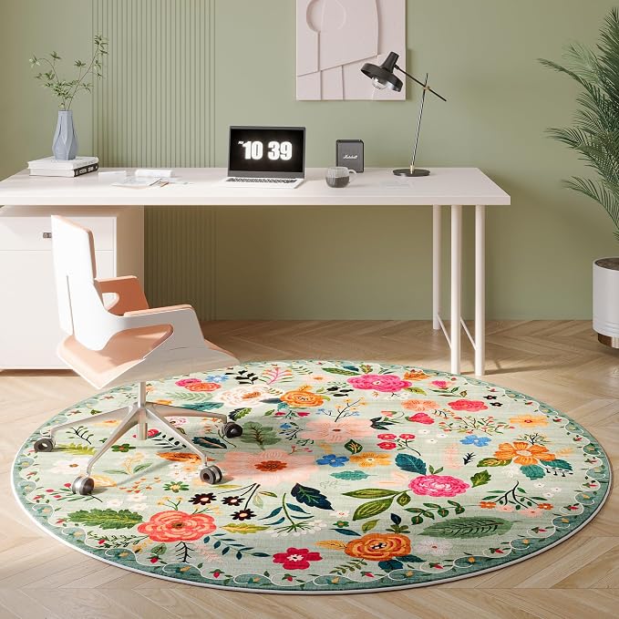 Rugcomf Round Rug 4ft Washable Circle Rug Non Slip Low Pile Boho Floral Small