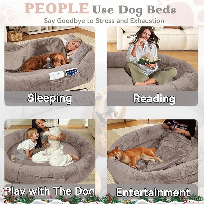 Human Dog Bed, 72"x48"x11" Extra Large Bean Bag Bed for Adults and Dogs, Ultimate Comfort Washable Fur and Blanket (Brown)