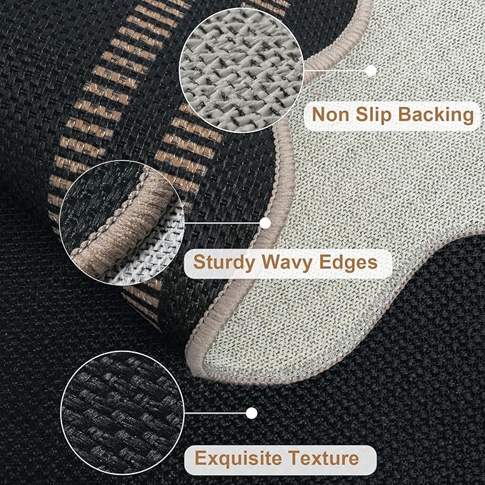 Scalloped Easy Jute Black Rug, 2.6x4 Front Door Washable Door Mat Non Slip